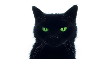 Fototapeta premium Intense Glowing Green Eyed Black Cat with Raised Hackles in Moody Chiaroscuro Lighting on White Background