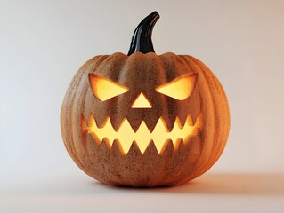 Levitating Jack o  Lantern with Menacing Smile Ethereal Luminescence and Surrounding Shadows on Plain White Background