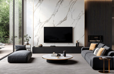Modern minimalist style, TV cabinet design with black and gold metal accents, gray marble stone background wall behind the television, sofa in front of it. Created with Ai
