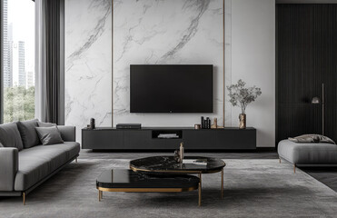 Modern living room with a marble wall, a black and grey color scheme, a sofa facing the television on the right side of the picture, large windows overlooking the cityscape. Created with Ai