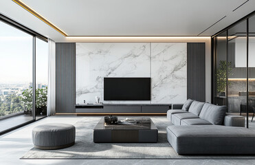  A photo of the interior wall in an apartment with gray marble walls, large windows, and panoramic views of Moscow. Created with Ai 