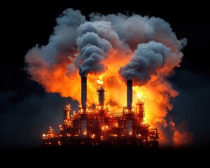 Burning industrial plant with smoke and flames on a dark background.