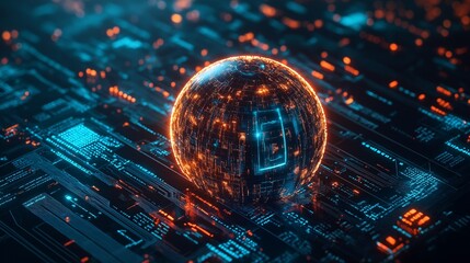 Globe on a dark background with a digital padlock over a circuit board. notion of digital protection and worldwide cybersecurity. Artificial Intelligence