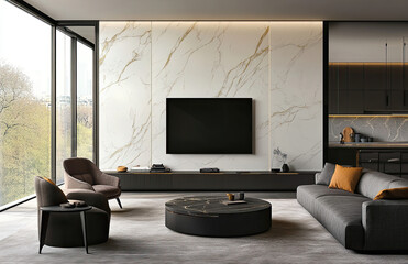 A minimalist modern living room with marble walls, a grey sofa, and a TV unit. The TV is mounted on the wall above an elegant coffee table in front of large windows. Created with Ai