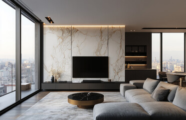  A photo of the interior design in an apartment with panoramic windows, gray marble wall panels, and white microcement on top of them. Created with Ai