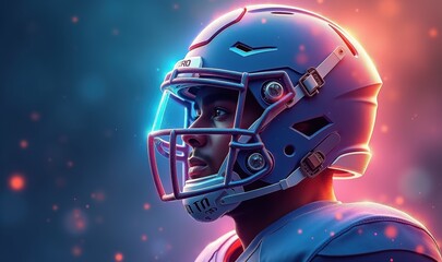 Dynamic portrait of a football player in a helmet, showcasing determination and readiness. Perfect for sports marketing, branding, and athletic promotions.