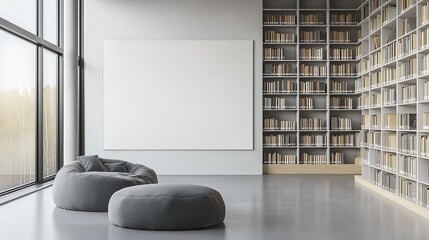 A modern library's interior featuring a blank wall for modeling. 3D Creation