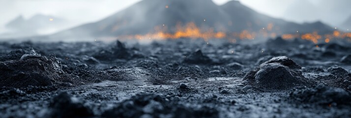 Volcanic Ash Terrain, intricate textures of ash blanketing the ground, contrasting with a softly blurred rugged landscape in the background