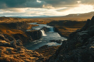 A beautiful landscape of Iceland with waterfalls, golden hour lighting, cinematic style