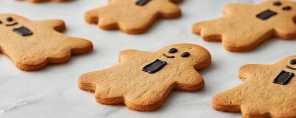 Gingerbread cookies with cheerful faces on a marble surface, perfect for festive celebrations.