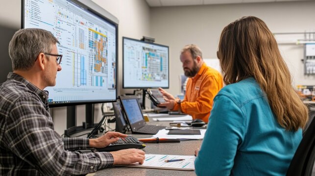 Generate a photo realistic image of construction estimators collaborating on cost estimation, with financial spreadsheets, cost analysis tools, calculators, and construction project models visible