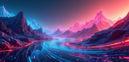 A stunning neon landscape featuring vibrant mountains and a flowing river. Perfect for technology, innovation, and futuristic themes in design and marketing.