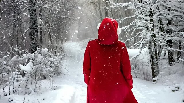 a girl with a red cape in a snowy forest walks while transforming into a woman, a concept of the passage of time and change.