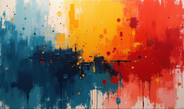 Vibrant abstract artwork featuring bold splashes of red, blue, and yellow, ideal for contemporary decor, marketing materials, or creative projects.