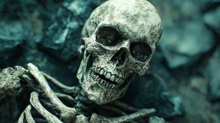 The skull is among the rocks, the background is a bit blurry, Ai generated Images