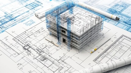 Generate a photo realistic image of building code analysts conducting a code analysis for a construction project, with building code books, code compliance review, architectural plans, 