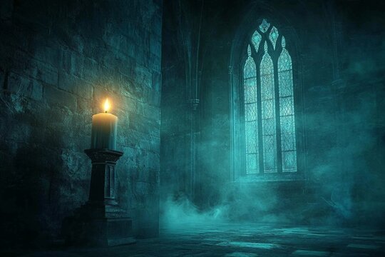 Inspirational gothic quote with a dark cathedral window and glowing candle illustration, creating a mysterious Facebook image.