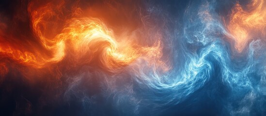 Abstract swirling flames of fire and ice in blue and orange.