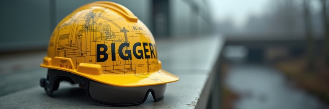 A vibrant yellow hard hat with the word "BIGGER" printed on it, symbolizing strength and ambition in construction and engineering.