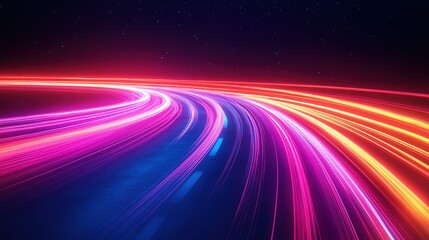 Speed of glow smooth light lines. Neon road effect on black background. Abstract trace of luminous stripes from the movement of a car. Beam of laser futuristic rays