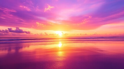 Obraz premium Inspirational quote on a sunset beach with vivid orange and purple colors for a peaceful vibe.