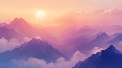 Inspirational quote over a sunrise mountain range with soft pastel hues and misty clouds for a calming atmosphere.
