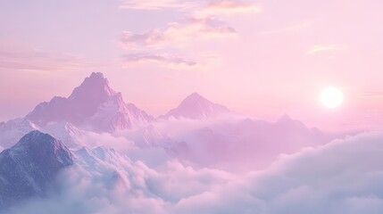 Inspirational quote over a sunrise mountain range with soft pastel hues and misty clouds for a calming atmosphere.