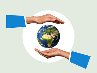 Two hands protect our earth, world environment day concept, save the world, light green background, art collage
