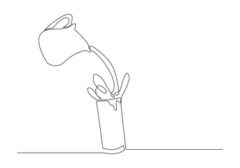 Continuous single line sketch drawing of hand pouring a jug tea pot jar of fresh milk juice into glass. advertisement one line art concept vector illustration