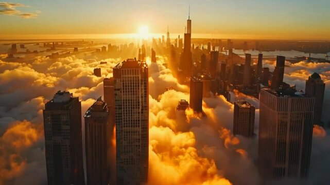 a city skyline with cloud inversion at sunrise
