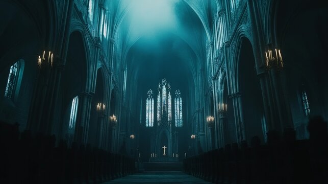 Inspirational quote with a gothic cathedral interior, featuring dark tones and glowing candlelight for a mysterious, spiritual vibe.