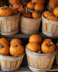 pumpkins in wooden baskets at a market setting