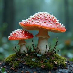 Vibrant red mushrooms create a magical woodland scene, perfect for illustrating nature's beauty, fantasy themes, or organic products in marketing materials.