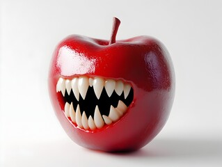 Vampire Apple Dramatic Fangs Sinking into Glossy Red Fruit on Bright White Background