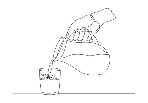 recommend clip art: Continuous single line sketch drawing of hand pouring a jug tea pot jar of fresh milk juice into glass. advertisement one line art concept vector illustration