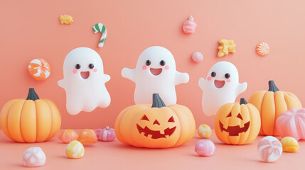 Obraz premium Halloween decorations with ghosts and pumpkins