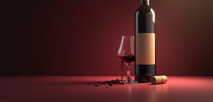 A beautifully arranged wine bottle and glass set against a rich backdrop, perfect for showcasing elegance in restaurants, events, or wine-related marketing.