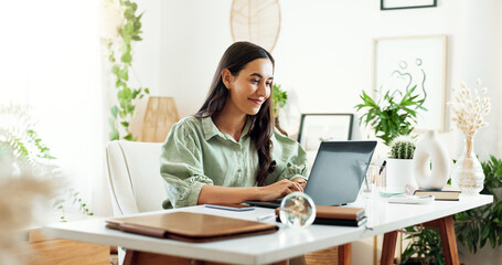 Business woman, laptop and planning at office desk with entrepreneur and ideas for project....