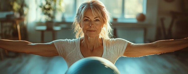 Elderly woman engaging in indoor fitness training, active senior lifestyle with pilates and stretching exercises, health, recovery, and recreation