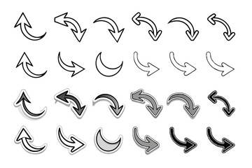 Arrow icons set. Vector black directional pointers. Flat hand-drawn line doodle style.