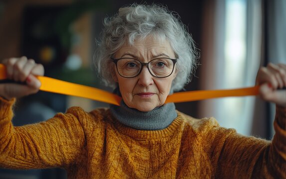 Elderly woman training at home with resistance bands, focusing on shoulder injury and back pain rehabilitation, health, fitness, and recovery exercises