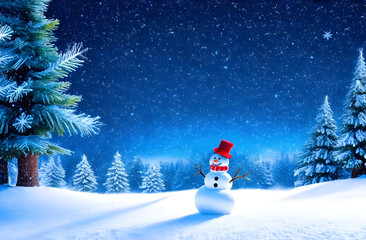 Obraz premium Christmas greeting card. Snowman standing in winter forest with Christmas tree.