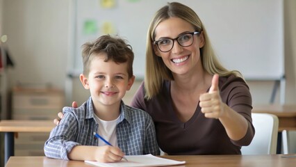 Tutoring and mentorship concept.  female teacher and happy schoolboy gesturing thumbs up and smiling sitting at desk in classroom