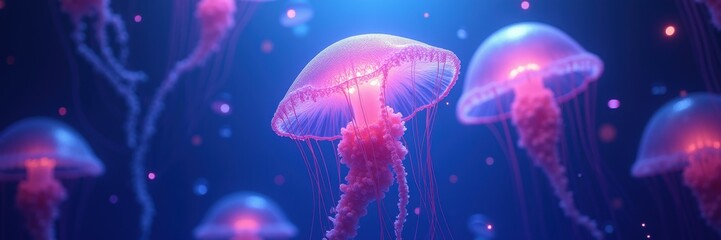 Obraz premium Ethereal jellyfish swimming gracefully in vibrant colors, creating a serene aquatic atmosphere. Perfect for nature-focused projects and ocean-themed designs.