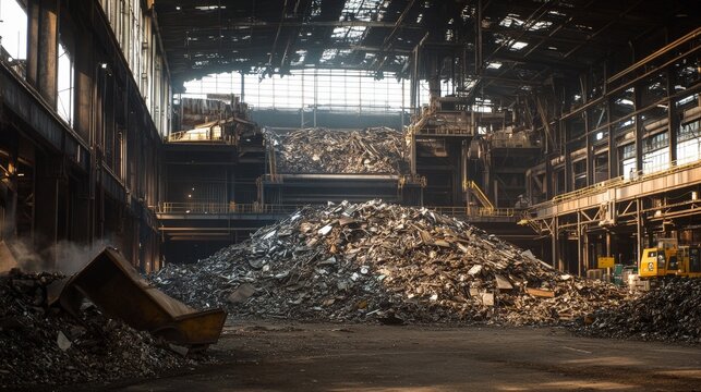 Metal recycling facility where scrap metal is melted down and recast into new materials, reducing the need for mining raw resources.