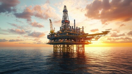 Offshore oil rig at sunset over calm ocean waters