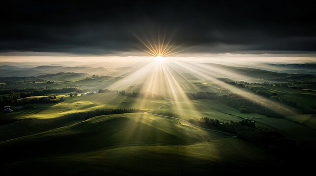 Golden rays of light breaking through dark storm clouds, illuminating the landscape below like a beacon of hope"
