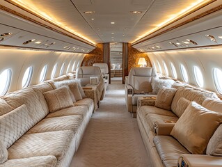 Fototapeta premium Luxurious private jet interior with plush seating, comfortable pillows and large windows, perfect for a relaxing flight.