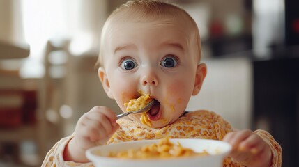 Joyful baby eating pasta, surprised expression, soft indoor lighting, high chair.