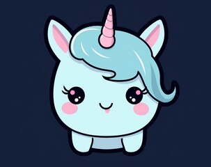 Fototapeta premium Cute Kawaii Unicorn Illustration with Adorable Expression on Dark Background, Ideal for Kids Products and Cartoons